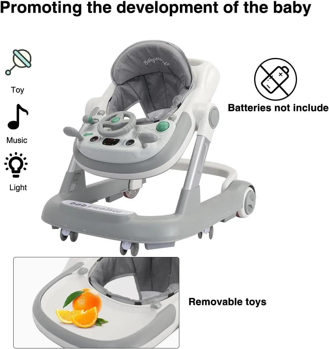 2 in 1 Baby Walker, Toddler Baby Push Walker with Removable Feeding Tray and Music Tray(Without Battery), Foldable Walker