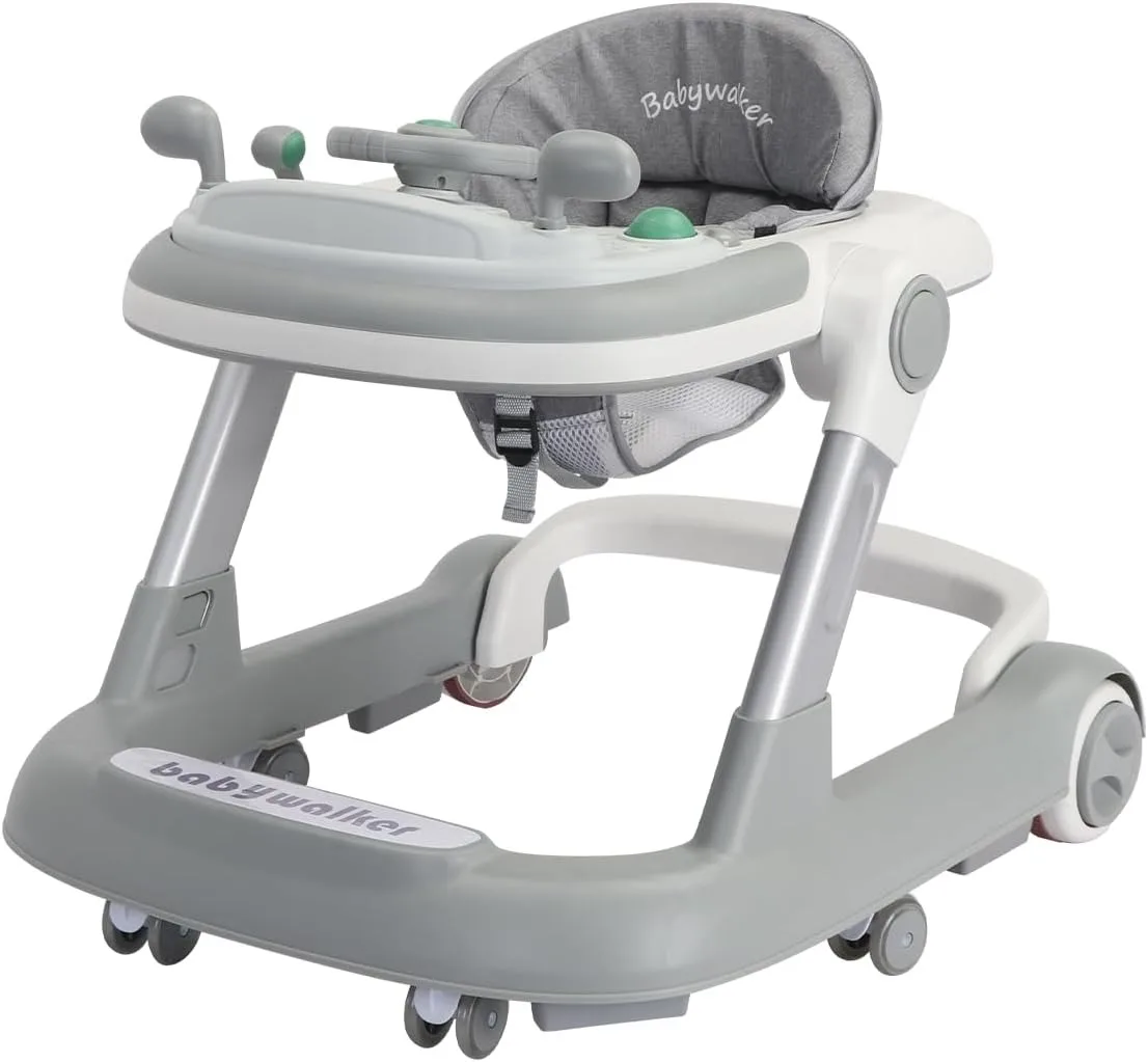 2 in 1 Baby Walker, Toddler Baby Push Walker with Removable Feeding Tray and Music Tray(Without Battery), Foldable Walker