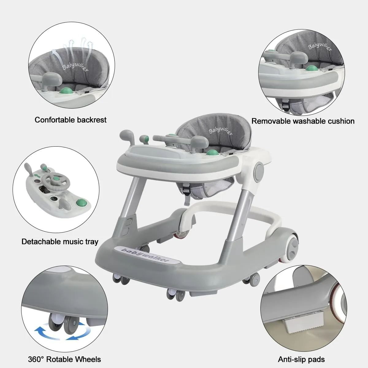 2 in 1 Baby Walker, Toddler Baby Push Walker with Removable Feeding Tray and Music Tray(Without Battery), Foldable Walker