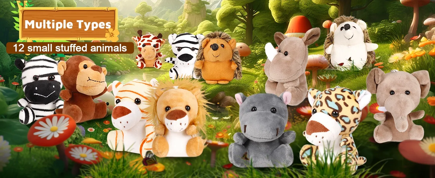 12-36 PCS Small Safari Stuffed Animals Bulk 12cm Jungle Animal Mini Plush Toys for Party Favors Birthday Baby Shower Gift Bags