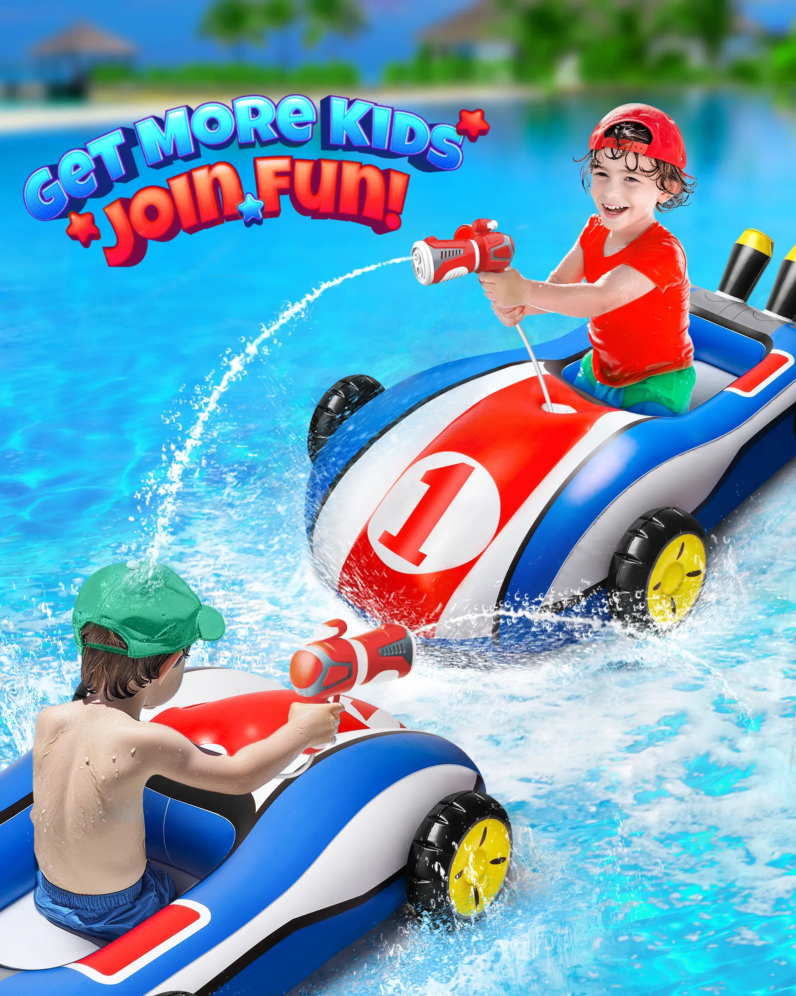 Inflatable Pool Float with Water Gun,Ride-On Swimming Toy for 4 5 6 7 8 9 Years Old Boys Girls,Summer Outdoor Water Pool Games