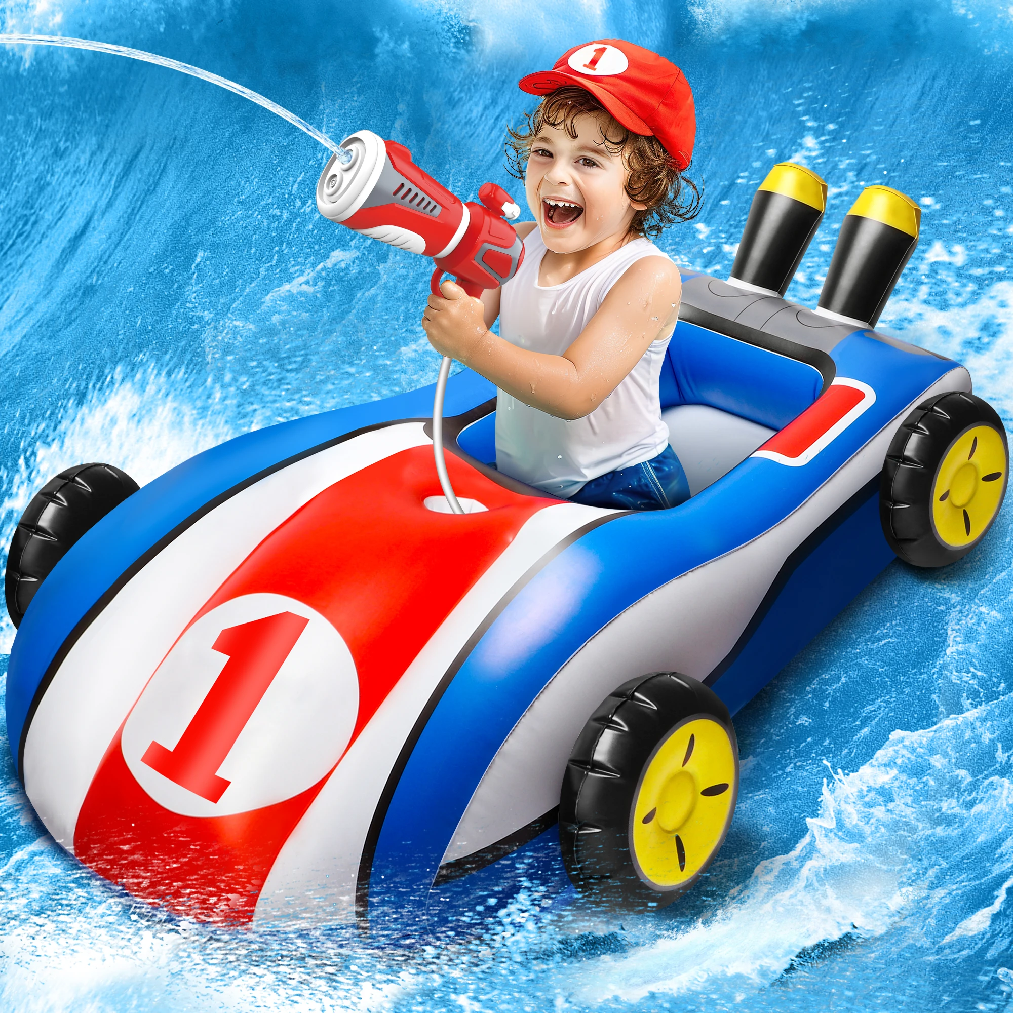 Inflatable Pool Float with Water Gun,Ride-On Swimming Toy for 4 5 6 7 8 9 Years Old Boys Girls,Summer Outdoor Water Pool Games