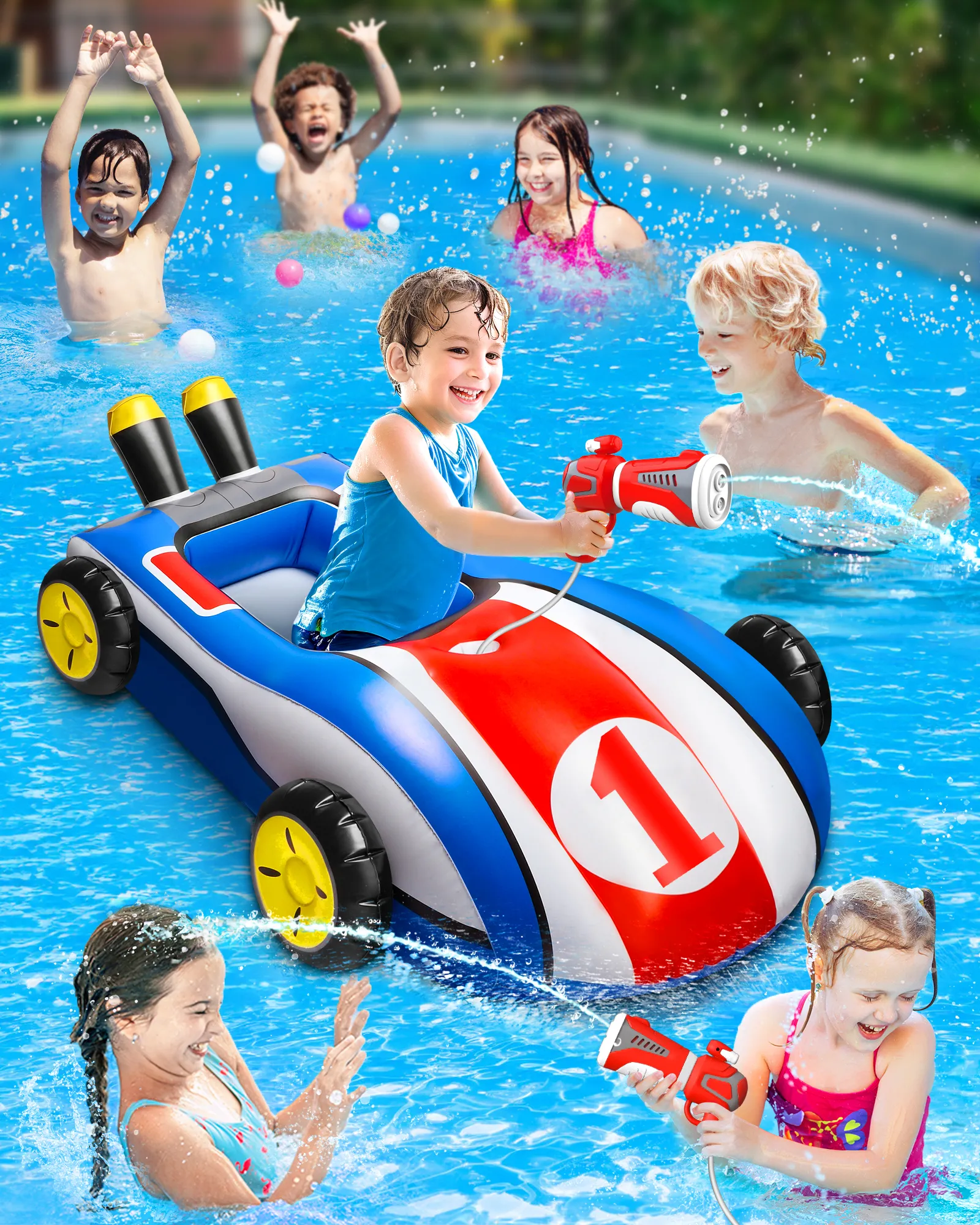 Inflatable Pool Float with Water Gun,Ride-On Swimming Toy for 4 5 6 7 8 9 Years Old Boys Girls,Summer Outdoor Water Pool Games