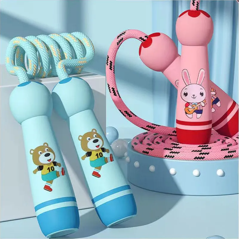 Children's Sports Adjustable Cotton Rope Ropes Sport Fitness Lovely Cartoon Skipping Natural Wooden Handle Fillet Design
