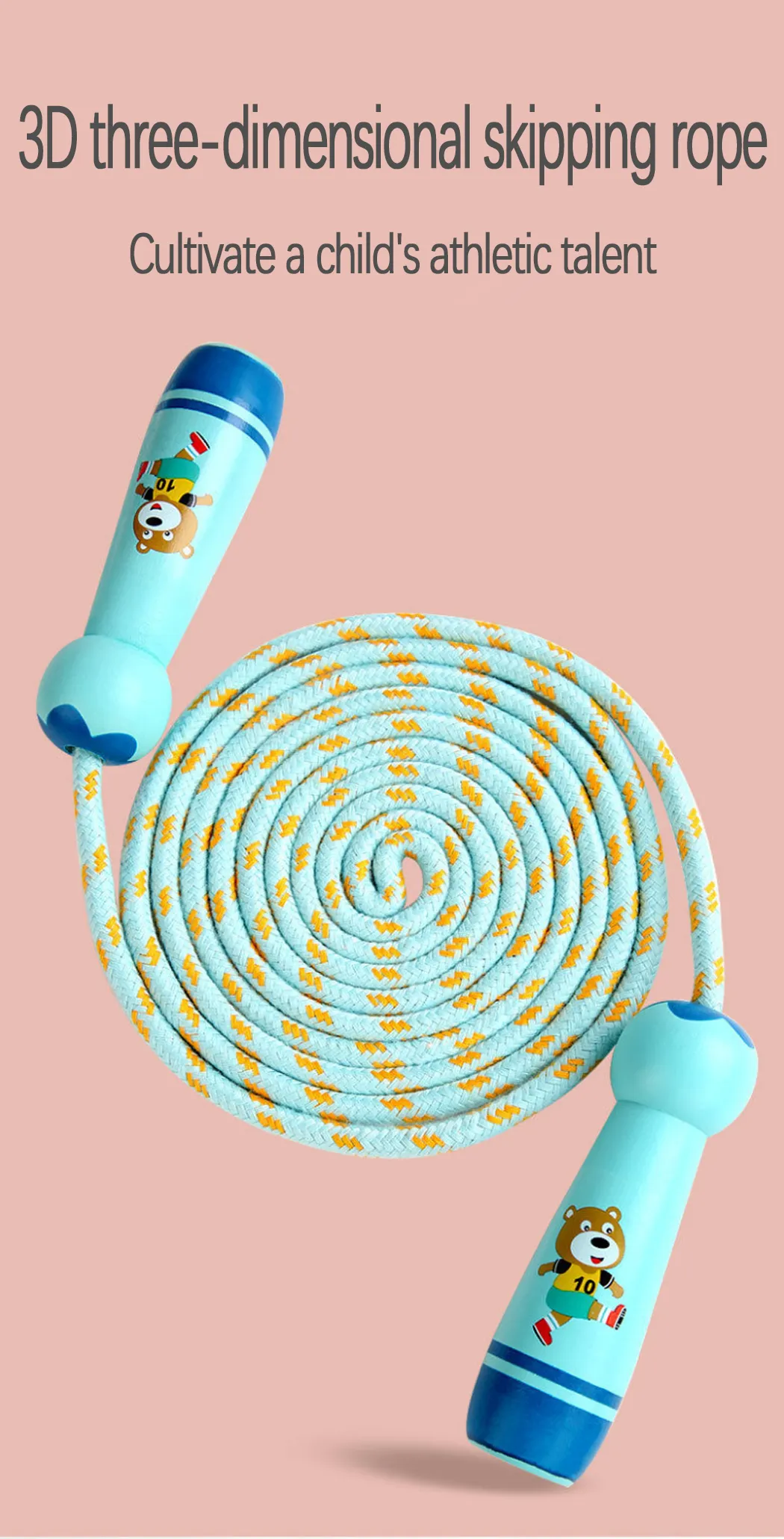 Children's Sports Adjustable Cotton Rope  Ropes Sport Fitness Lovely Cartoon Skipping Natural Wooden Handle Fillet Design