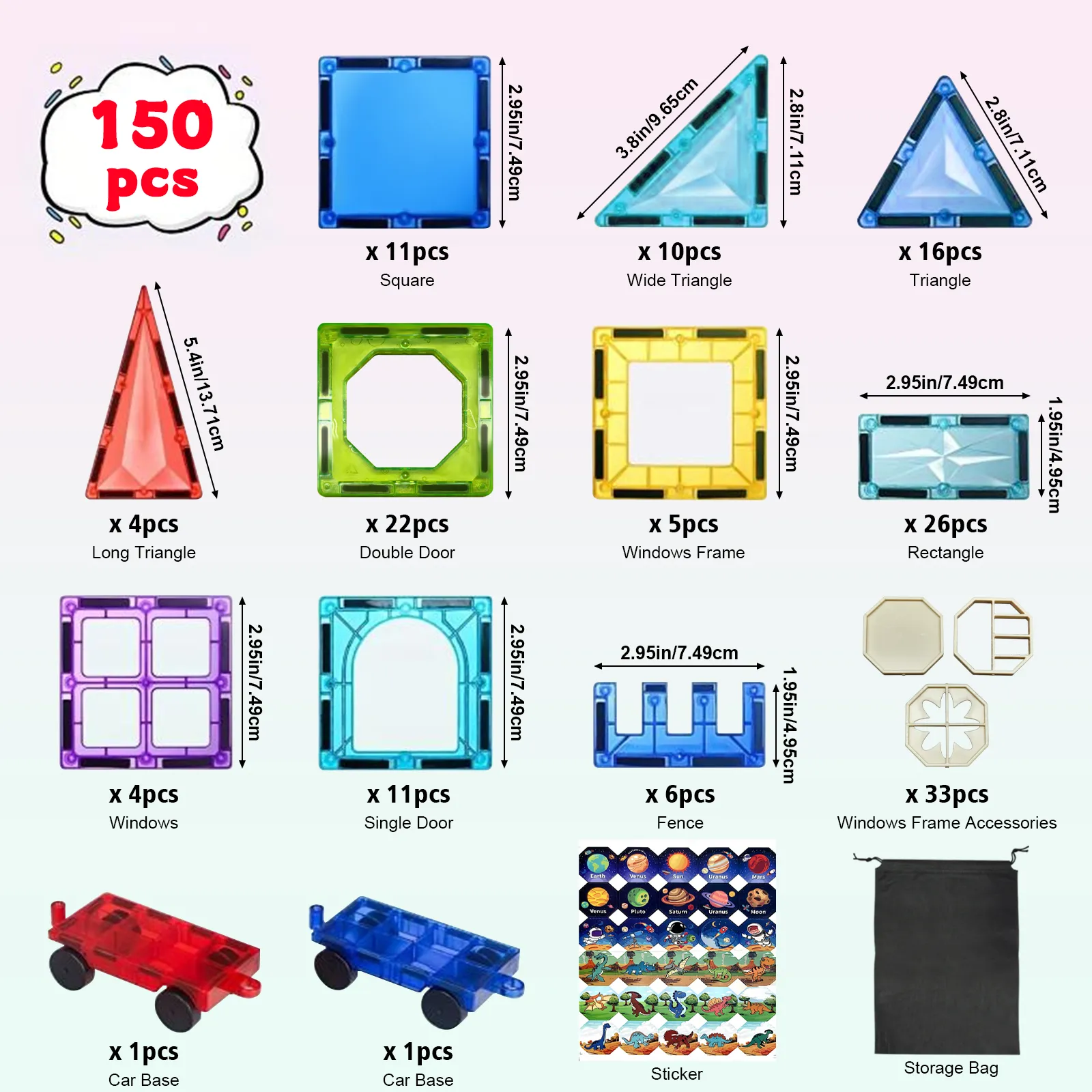 3+ Kids Magnetic Tiles Building Blocks,150PCS Educational STEM Toys,Non-Toxic Pure Color Construction Set for Boys And Girls