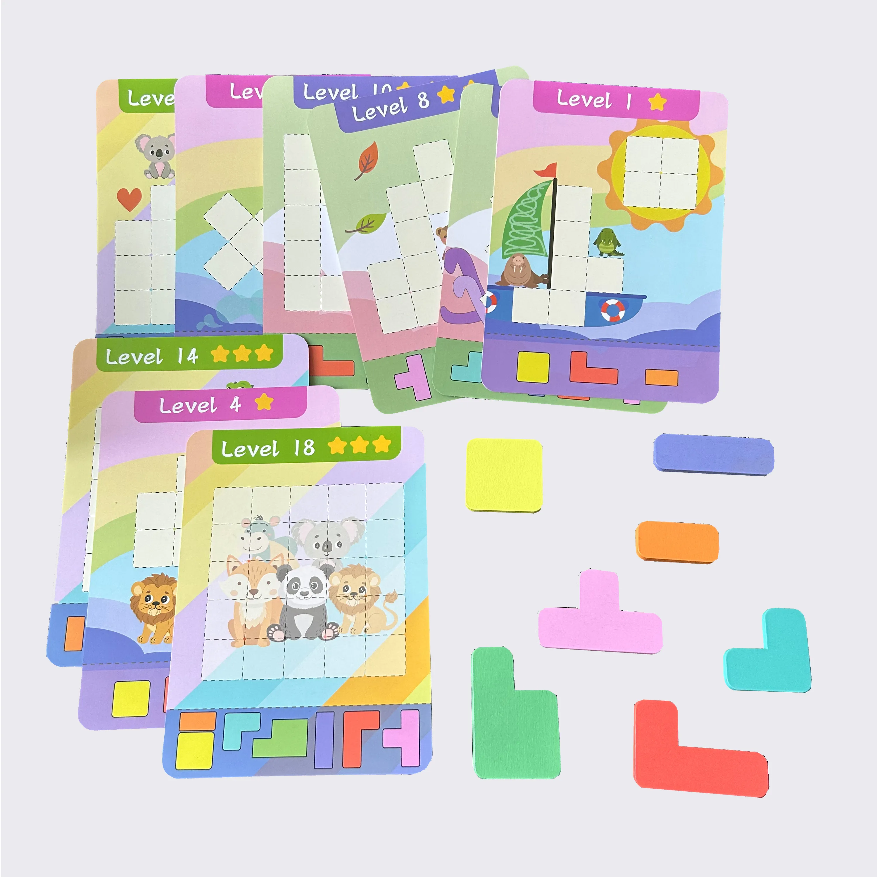 Educational Puzzle Toy, Wooden 7 Colored Building Blocks & 9 Double-sided Challenge Cards, Exercise Thinking Ability Game