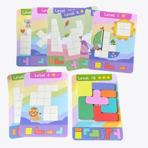 Educational Puzzle Toy, Wooden 7 Colored Building Blocks & 9 Double-sided Challenge Cards, Exercise Thinking Ability Game