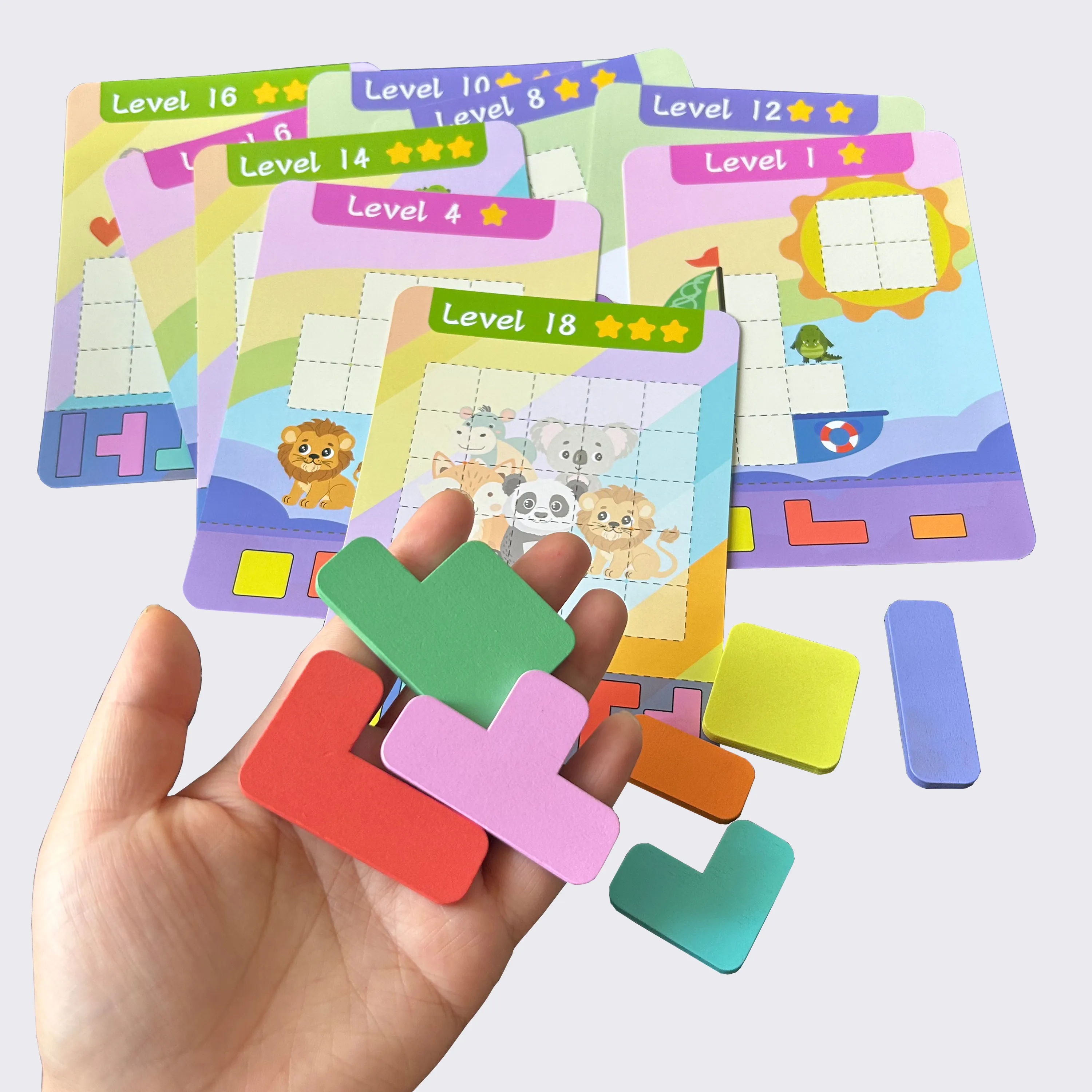 Educational Puzzle Toy, Wooden 7 Colored Building Blocks & 9 Double-sided Challenge Cards, Exercise Thinking Ability Game
