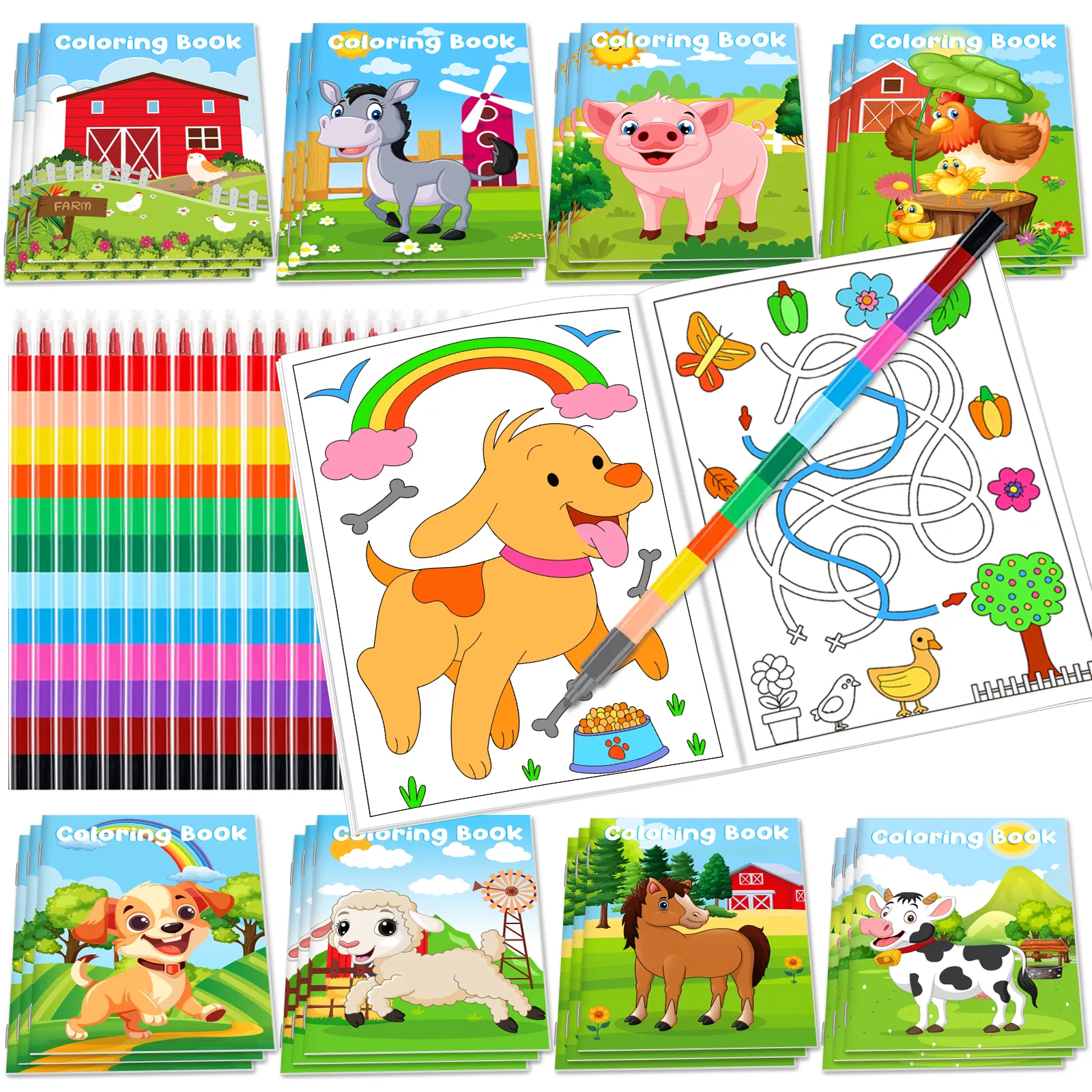 24Pcs Farm Coloring Books for Kids with 24 Stacking Crayons Mini Coloring Book Party Favors Bulk Gifts Cows Horses Barns Small A