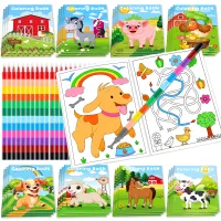 24Pcs Farm Coloring Books for Kids with 24 Stacking Crayons Mini Coloring Book Party Favors Bulk Gifts Cows Horses Barns Small A