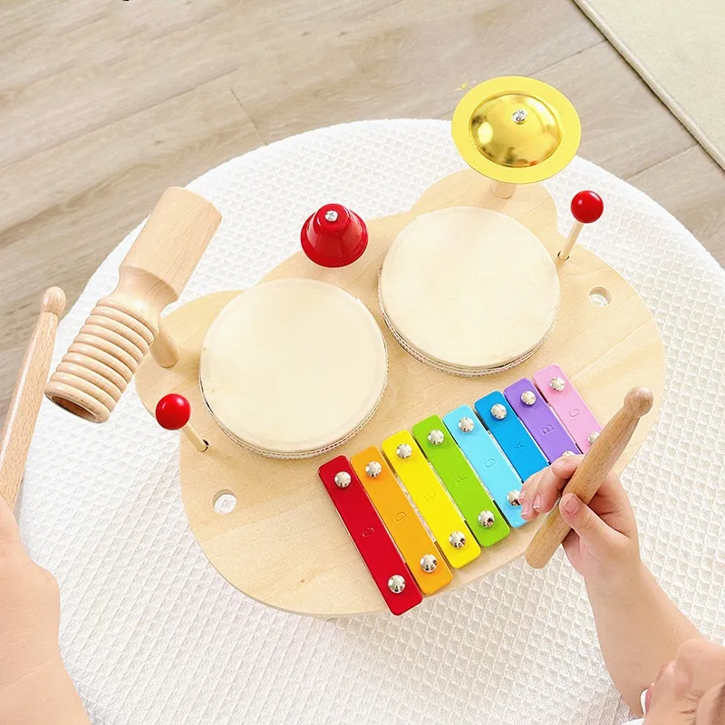Kids Drum Set Baby Musical Instruments Toys Montessori Wooden Xylophone Preschool Music Kit Percussion Tambourine Toys Birthday