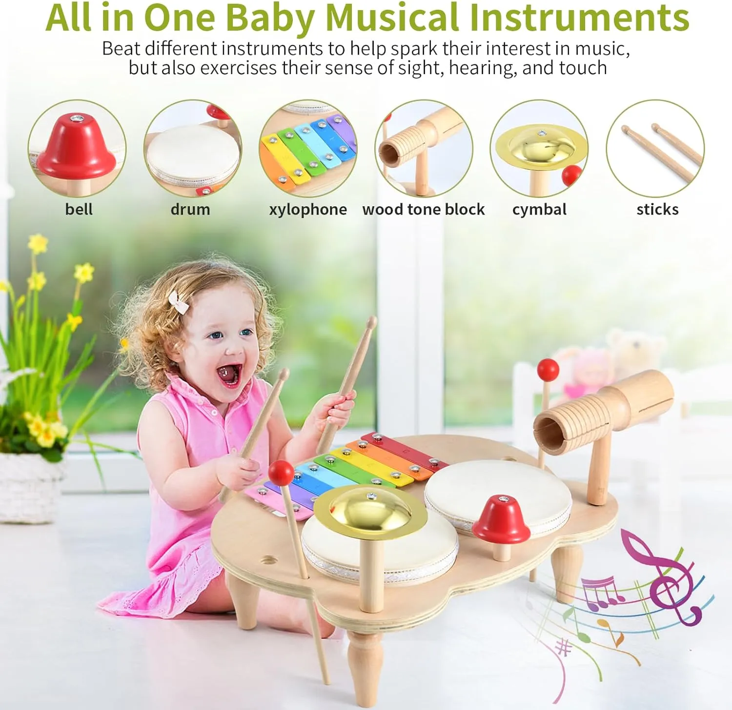 Kids Drum Set Baby Musical Instruments Toys Montessori Wooden Xylophone Preschool Music Kit Percussion Tambourine Toys Birthday
