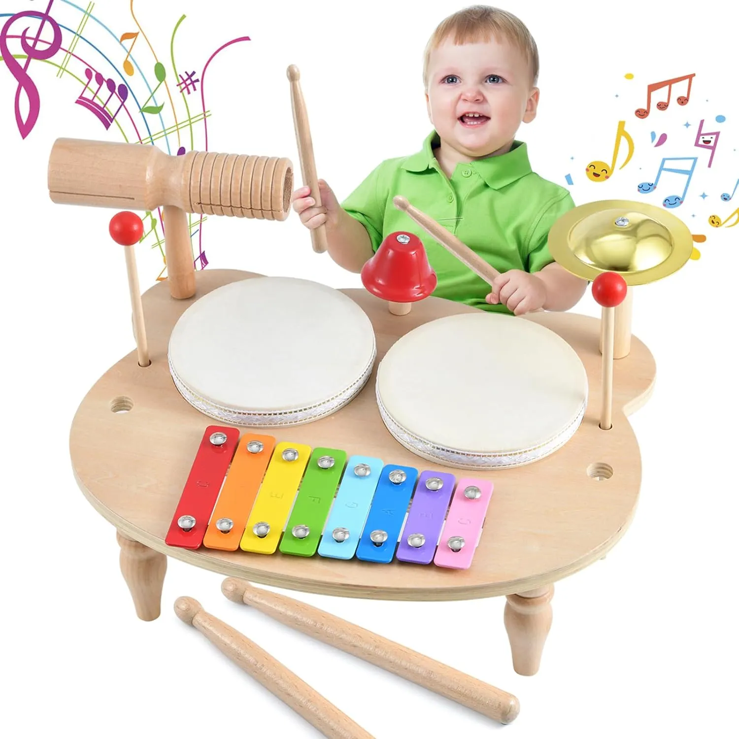 Kids Drum Set Baby Musical Instruments Toys Montessori Wooden Xylophone Preschool Music Kit Percussion Tambourine Toys Birthday
