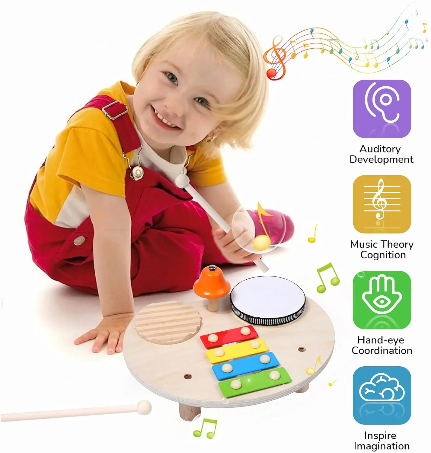 Kids Drum Set Baby Musical Instruments Toys Montessori Wooden Xylophone Preschool Music Kit Percussion Tambourine Toys Birthday