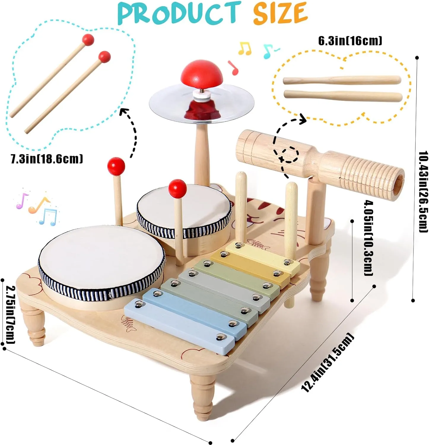Kids Drum Set Baby Musical Instruments Toys Montessori Wooden Xylophone Preschool Music Kit Percussion Tambourine Toys Birthday