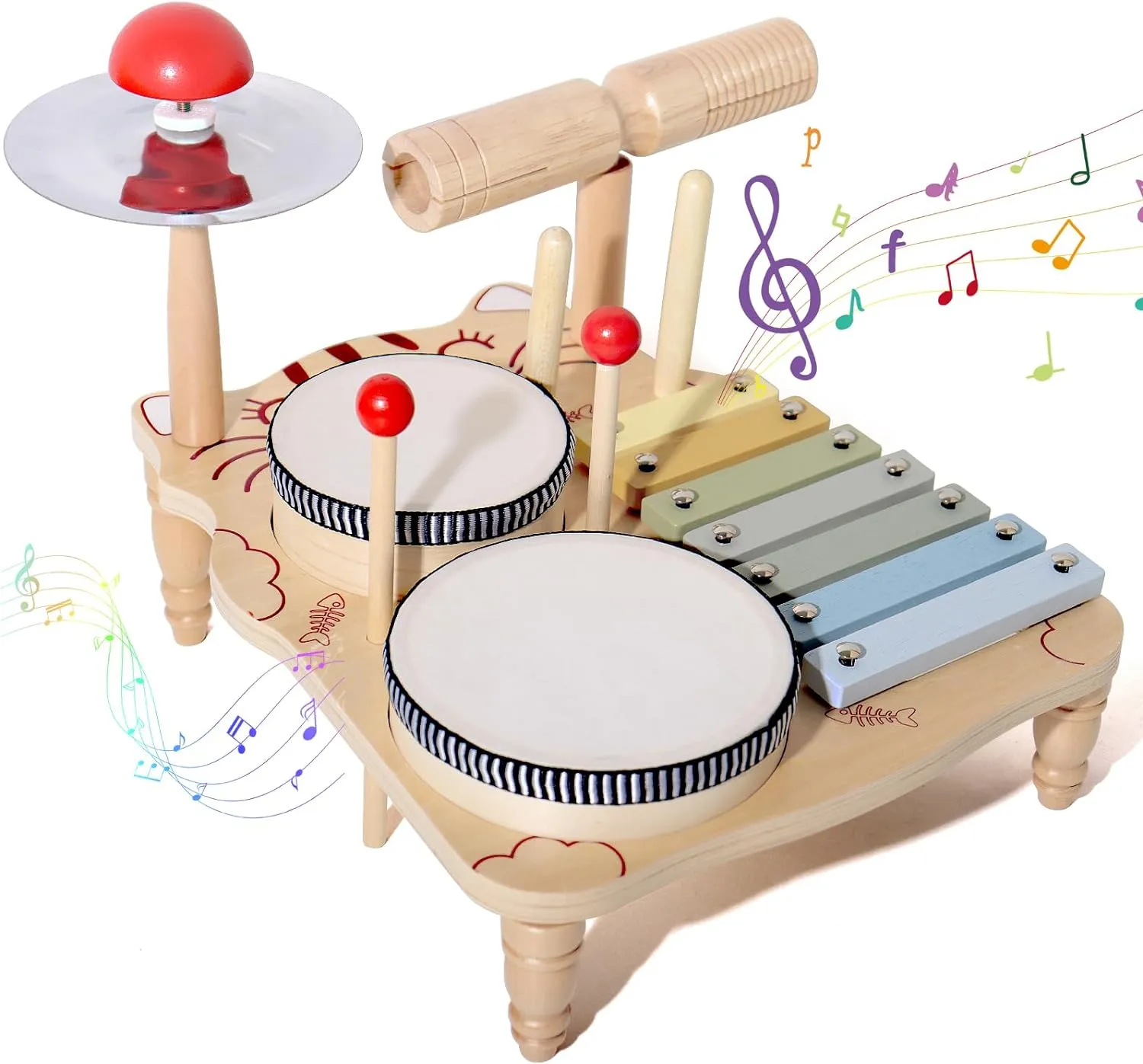Kids Drum Set Baby Musical Instruments Toys Montessori Wooden Xylophone Preschool Music Kit Percussion Tambourine Toys Birthday