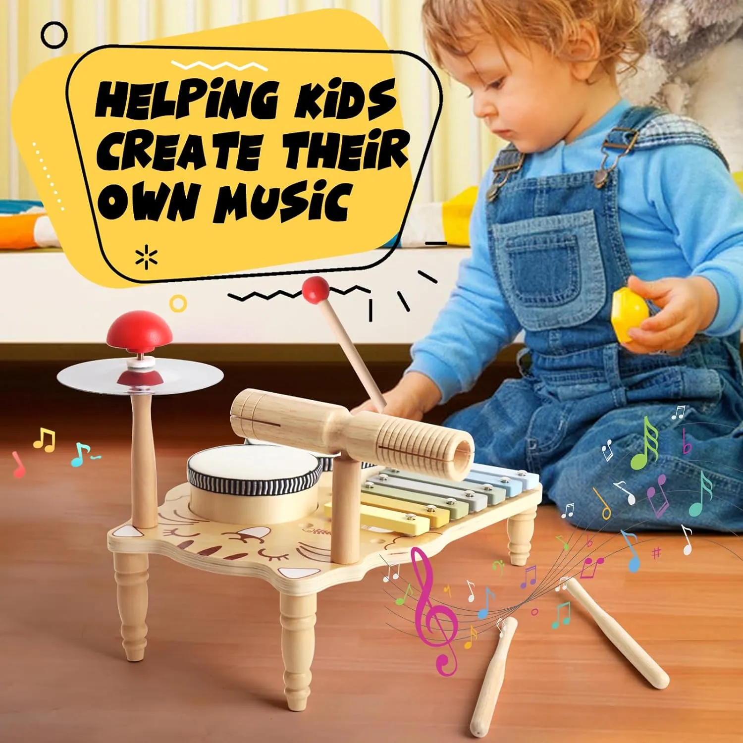 Kids Drum Set Baby Musical Instruments Toys Montessori Wooden Xylophone Preschool Music Kit Percussion Tambourine Toys Birthday