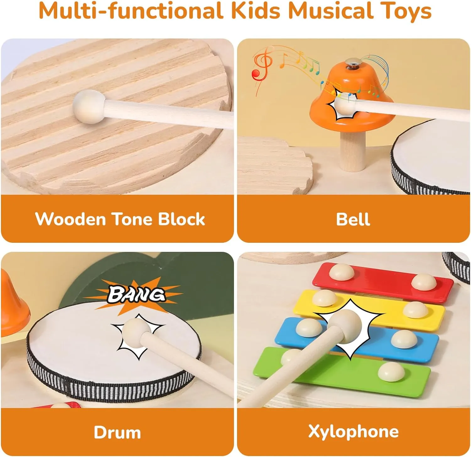 Kids Drum Set Baby Musical Instruments Toys Montessori Wooden Xylophone Preschool Music Kit Percussion Tambourine Toys Birthday