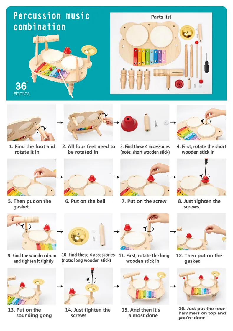 Kids Drum Set Baby Musical Instruments Toys Montessori Wooden Xylophone Preschool Music Kit Percussion Tambourine Toys Birthday