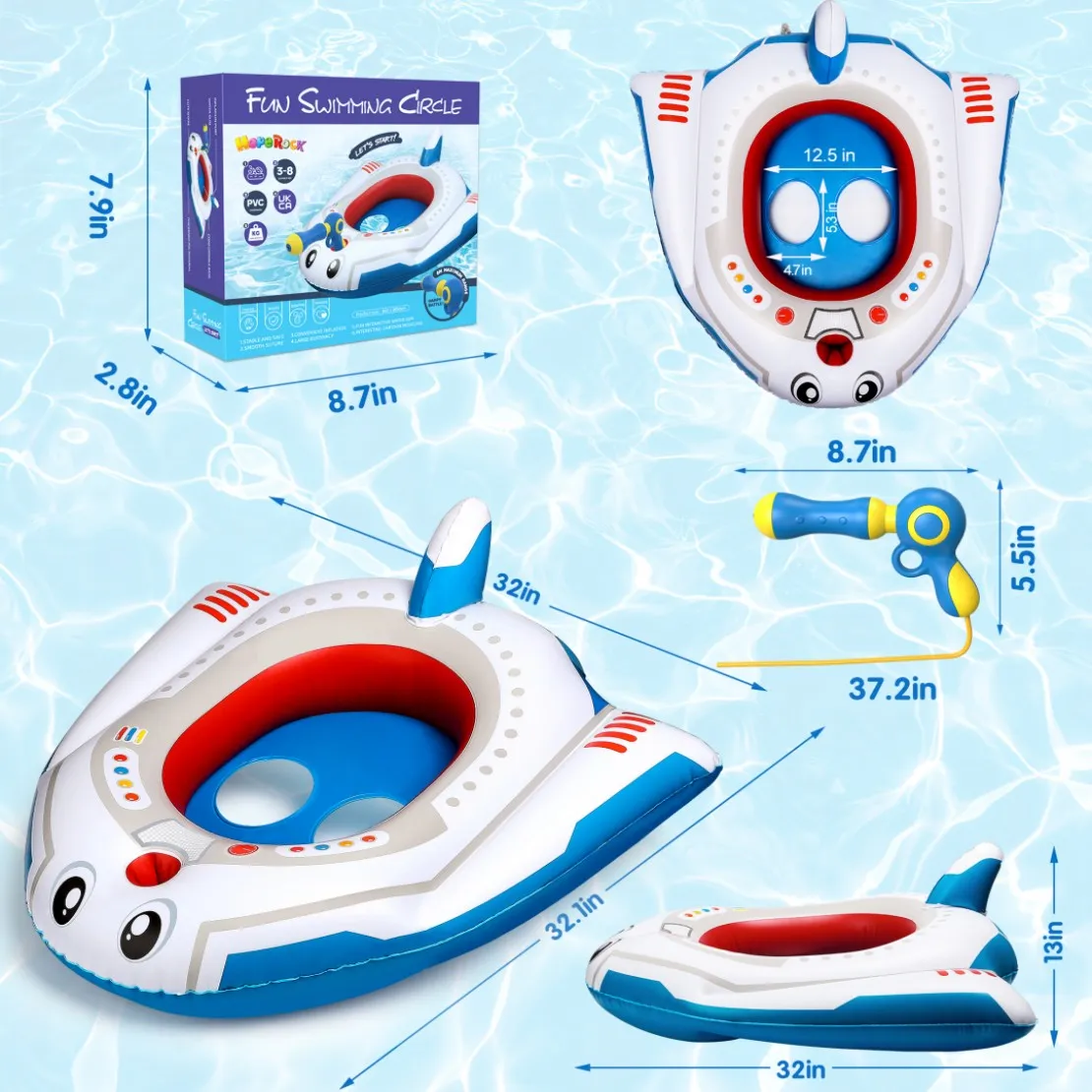 Kids Pool Float With Water Gun,Inflatable Ride-On Airplane Swimming Pool Toys For 4 5 6 7 8 9 Years Old Boys Girls Summer Fun