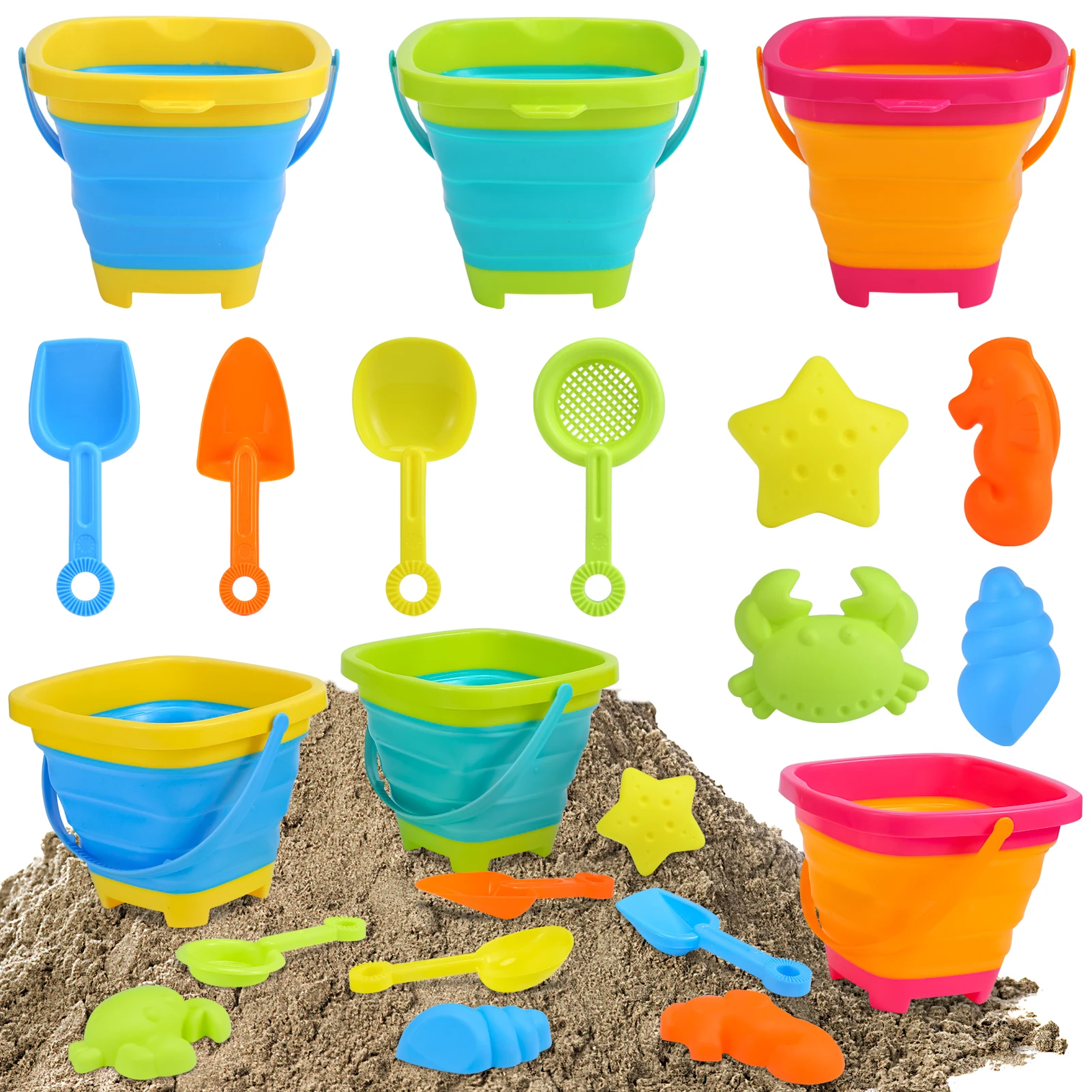 11pcs Beach Sand Toys Set for Kids Silicone Collapsible Foldable Beach Bucket Travel Beach Toys for Summer Outdoor Camping