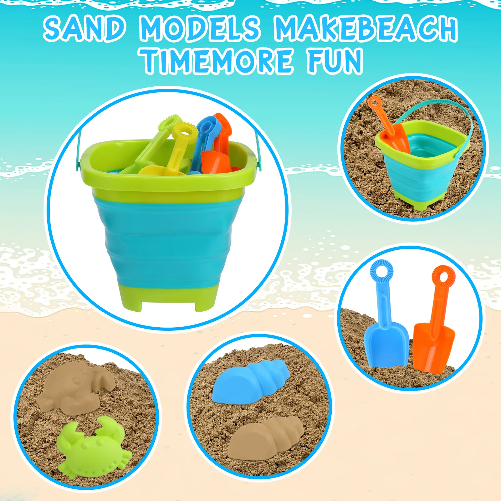 11pcs Beach Sand Toys Set for Kids Silicone Collapsible Foldable Beach Bucket Travel Beach Toys for Summer Outdoor Camping