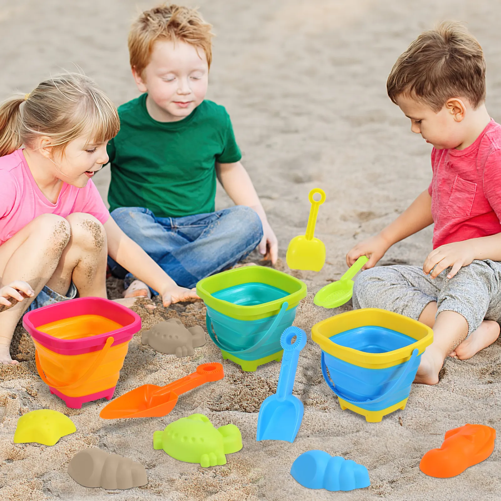 11pcs Beach Sand Toys Set for Kids Silicone Collapsible Foldable Beach Bucket Travel Beach Toys for Summer Outdoor Camping