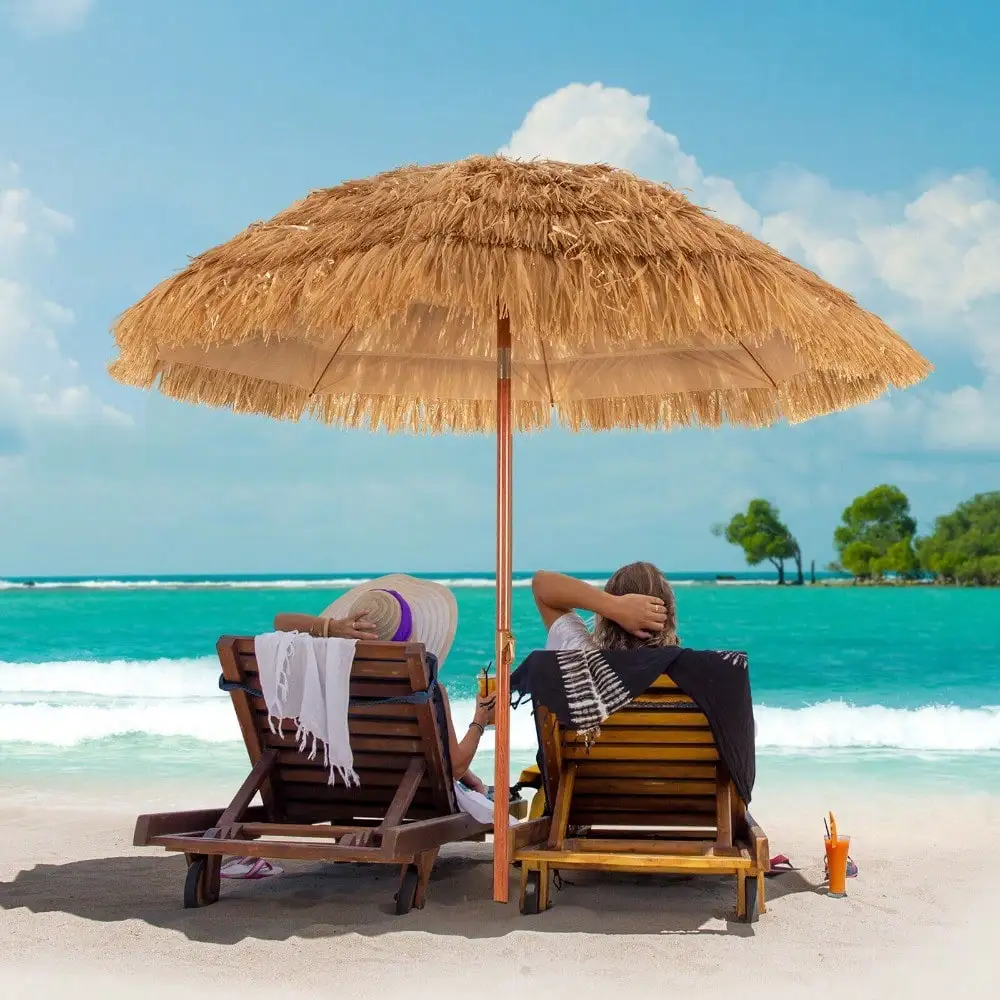 6.5 FT Thatched Beach Umbrella Tilt Tiki Hawaiian Patio Portable