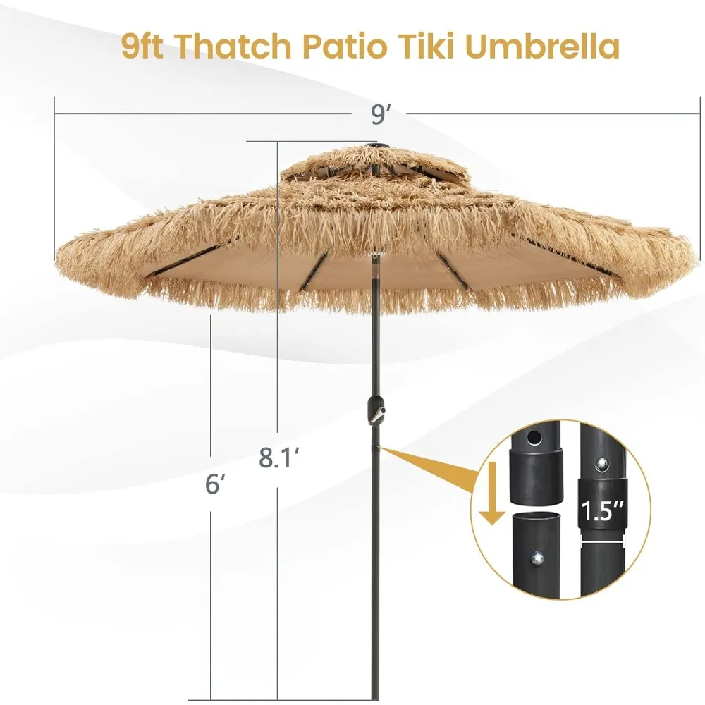 Free Delivery - 9 ft Thatched Patio Umbrella, 2 Tier Hawaiian Style Grass Beach Umbrella with 32 Led Lights, Center Light,
