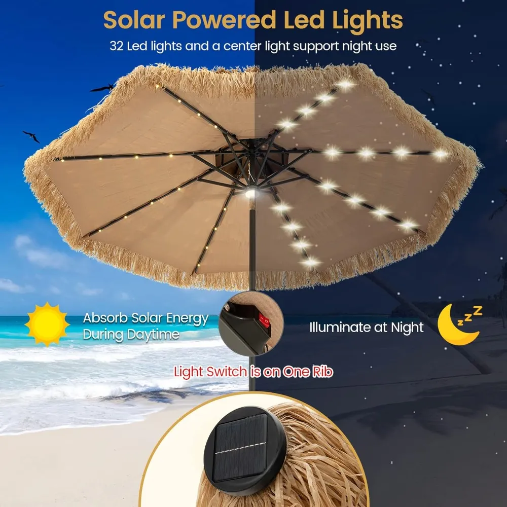 Free Delivery - 9 ft Thatched Patio Umbrella, 2 Tier Hawaiian Style Grass Beach Umbrella with 32 Led Lights, Center Light,