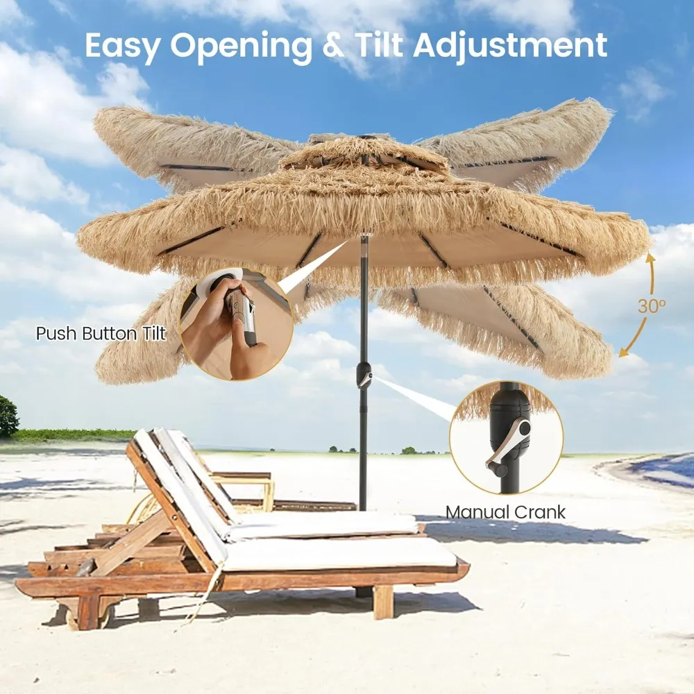 Free Delivery - 9 ft Thatched Patio Umbrella, 2 Tier Hawaiian Style Grass Beach Umbrella with 32 Led Lights, Center Light,