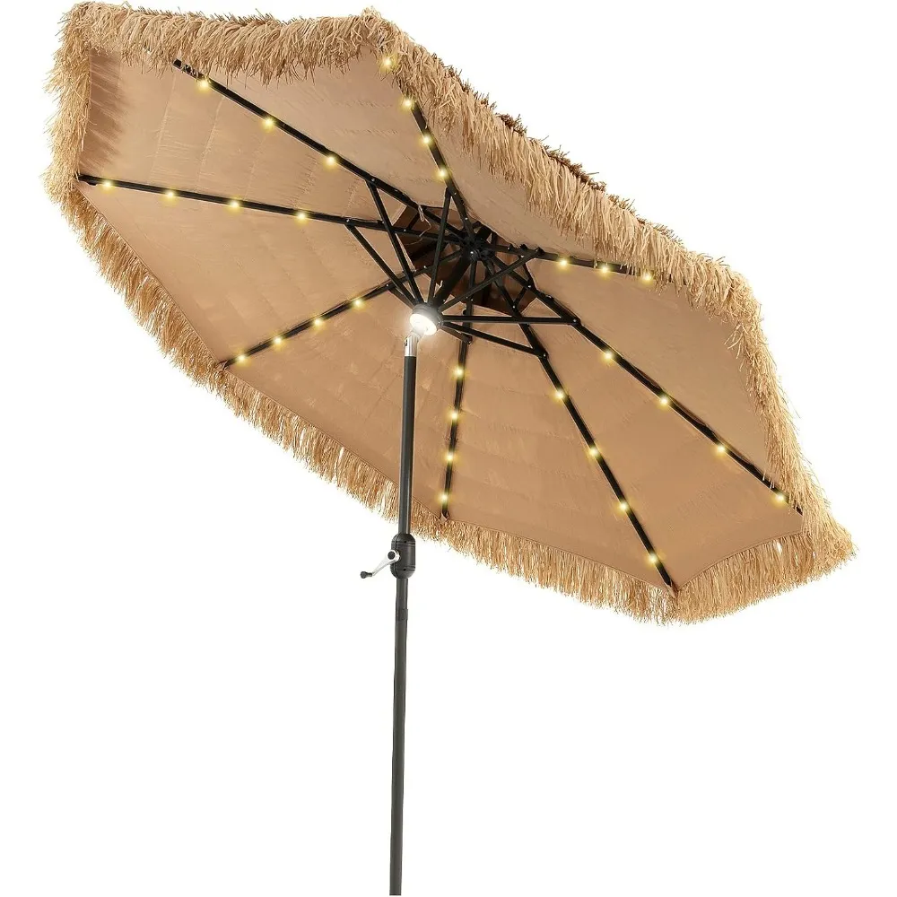 Free Delivery - 9 ft Thatched Patio Umbrella, 2 Tier Hawaiian Style Grass Beach Umbrella with 32 Led Lights, Center Light,