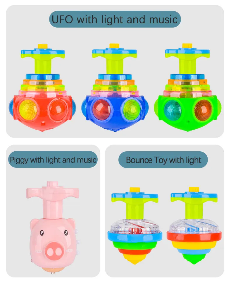 UFO Flashing Spinning Top Kids Gyro Light Up Toy Kids Piggy LED Music Gyroscope Launcher Rotating Toys Fun Birthday Party Favors