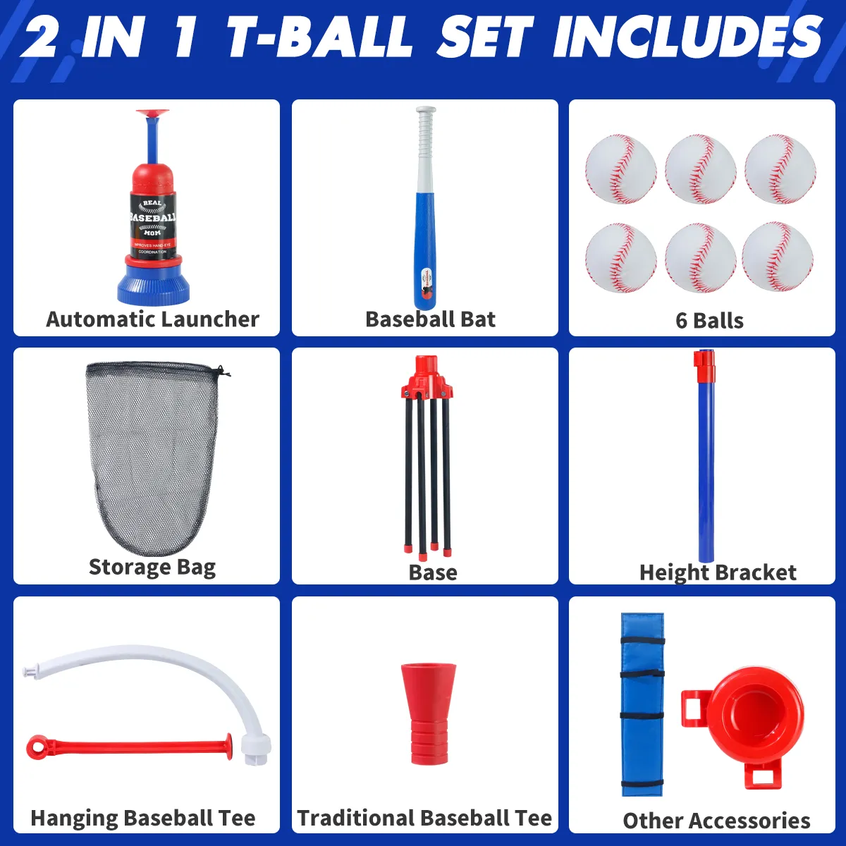 3-in-1 Kids Baseball Toy Set with Hanging Ball Stand/Standing T-Ball/Auto Launcher, Adjustable Height Toddler Baseball Set