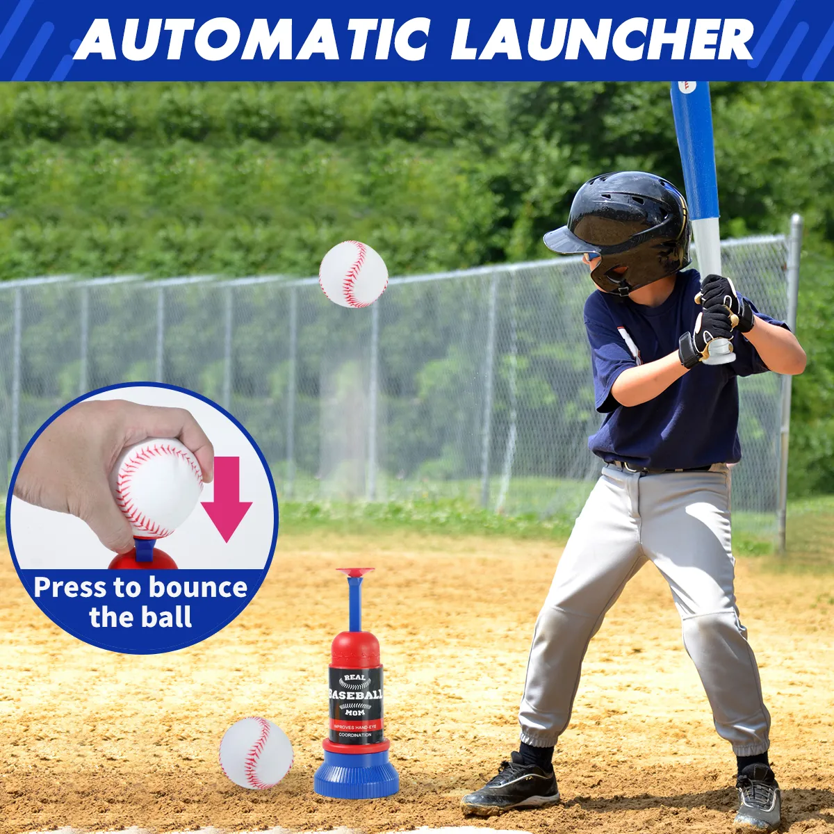 3-in-1 Kids Baseball Toy Set with Hanging Ball Stand/Standing T-Ball/Auto Launcher, Adjustable Height Toddler Baseball Set