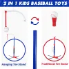 3-in-1 Kids Baseball Toy Set with Hanging Ball Stand/Standing T-Ball/Auto Launcher, Adjustable Height Toddler Baseball Set