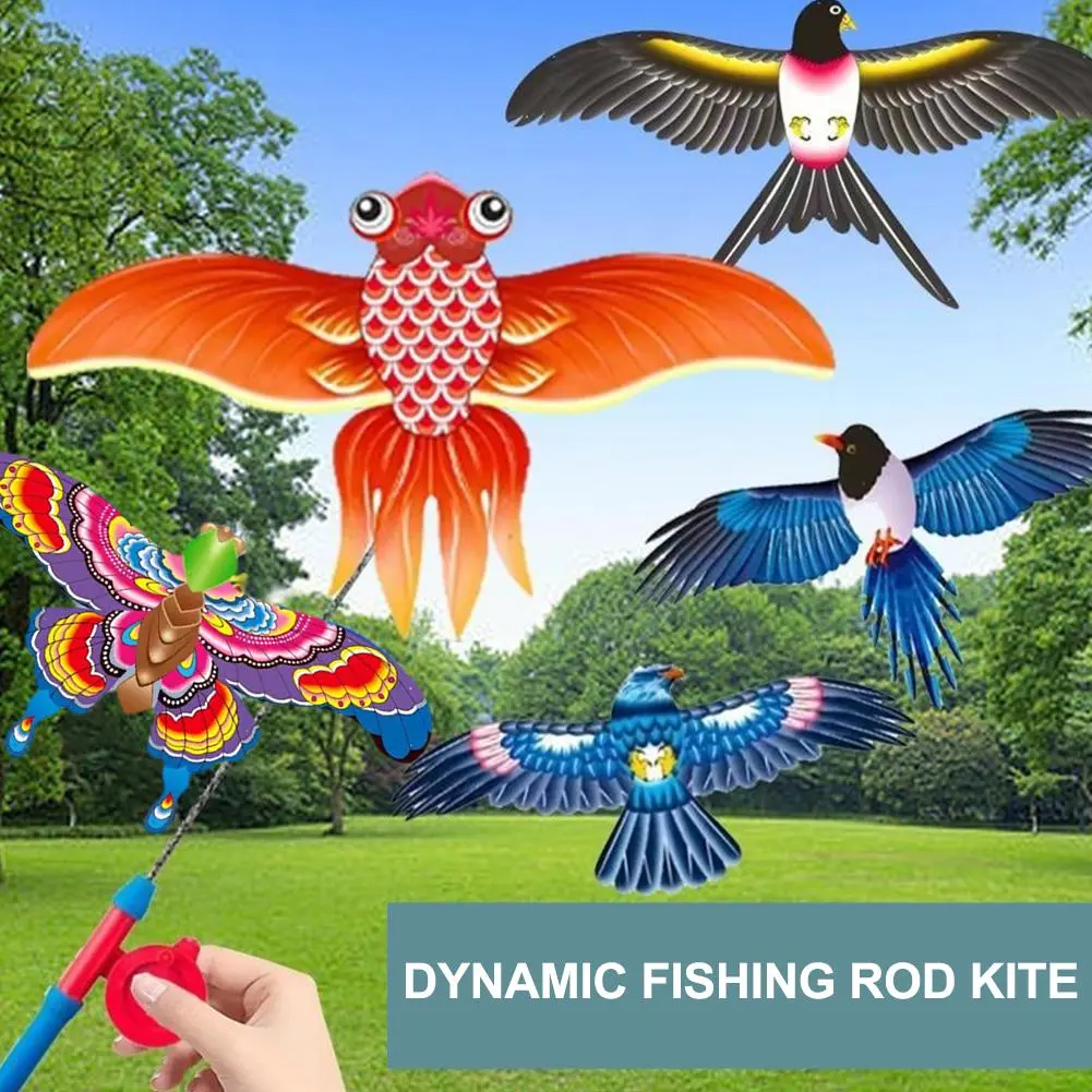Children Kite Toy Cartoon Eagle Foldable Mini Plastic Toys Kite Hand Brake Fishing Rod Butterflies For Kids Outdoor Toy For Fun