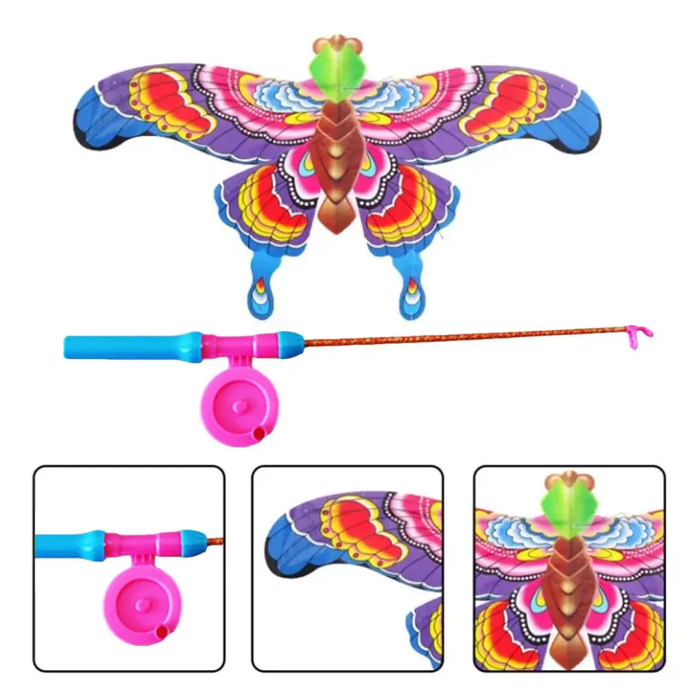 Children Kite Toy Cartoon Eagle Foldable Mini Plastic Toys Kite Hand Brake Fishing Rod Butterflies For Kids Outdoor Toy For Fun