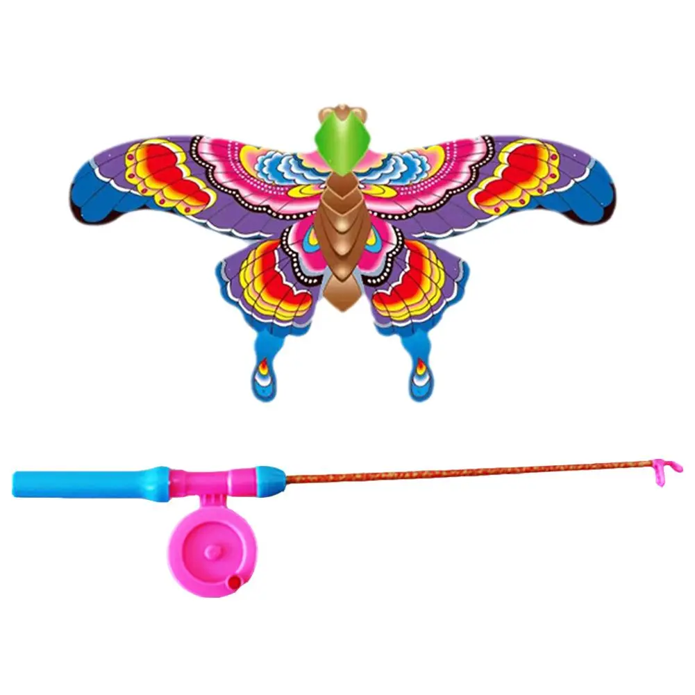 Children Kite Toy Cartoon Eagle Foldable Mini Plastic Toys Kite Hand Brake Fishing Rod Butterflies For Kids Outdoor Toy For Fun