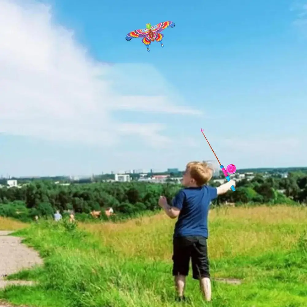 Children Kite Toy Cartoon Eagle Foldable Mini Plastic Toys Kite Hand Brake Fishing Rod Butterflies For Kids Outdoor Toy For Fun