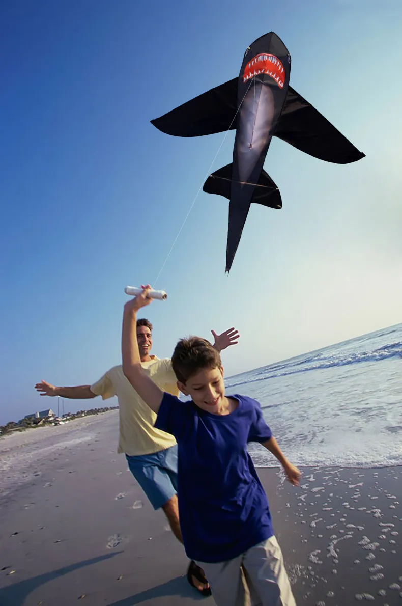 Strong Black Shark kite With Long Colorful Tail!Huge Beginner Shark Kites for Kids And Adults Come With String And Handle