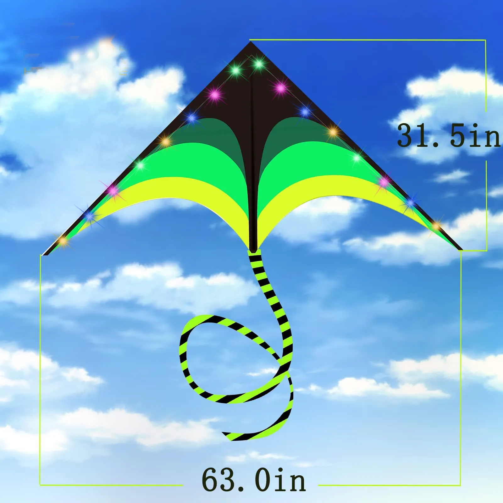Outdoor Fun Sports New Arrive 1.2m  LED Green Triangle Kites With Tail / Handle & Line Good Flying