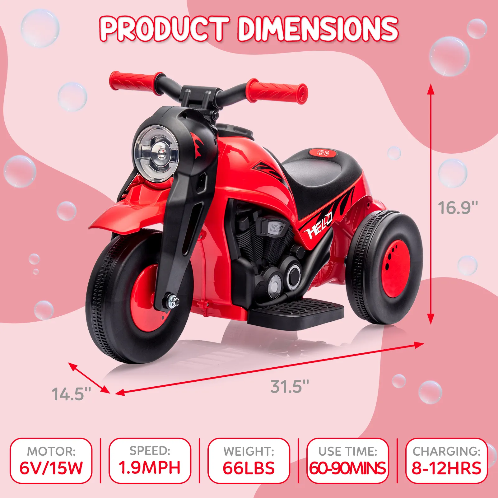 Ride on Motorbike Car, Hetoy 6V Battery Powered Electric Motorcycle 1.9 MPH Speed w/LED Headlights,Music, Pedal, Forward/Reserve