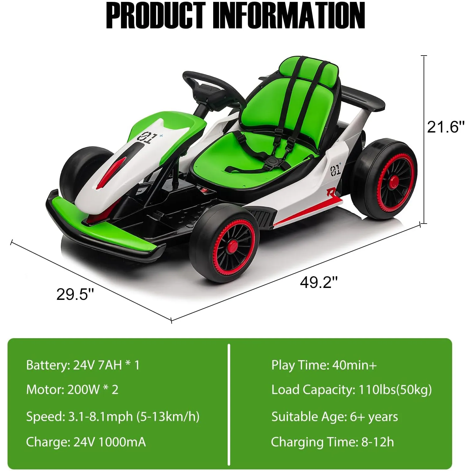 24V Go Kart for Kids 6+ Ride On Drift Kart with 200W*2 Extra Powerful Motors 8.1MPH High Speed Drifting with Music Horn