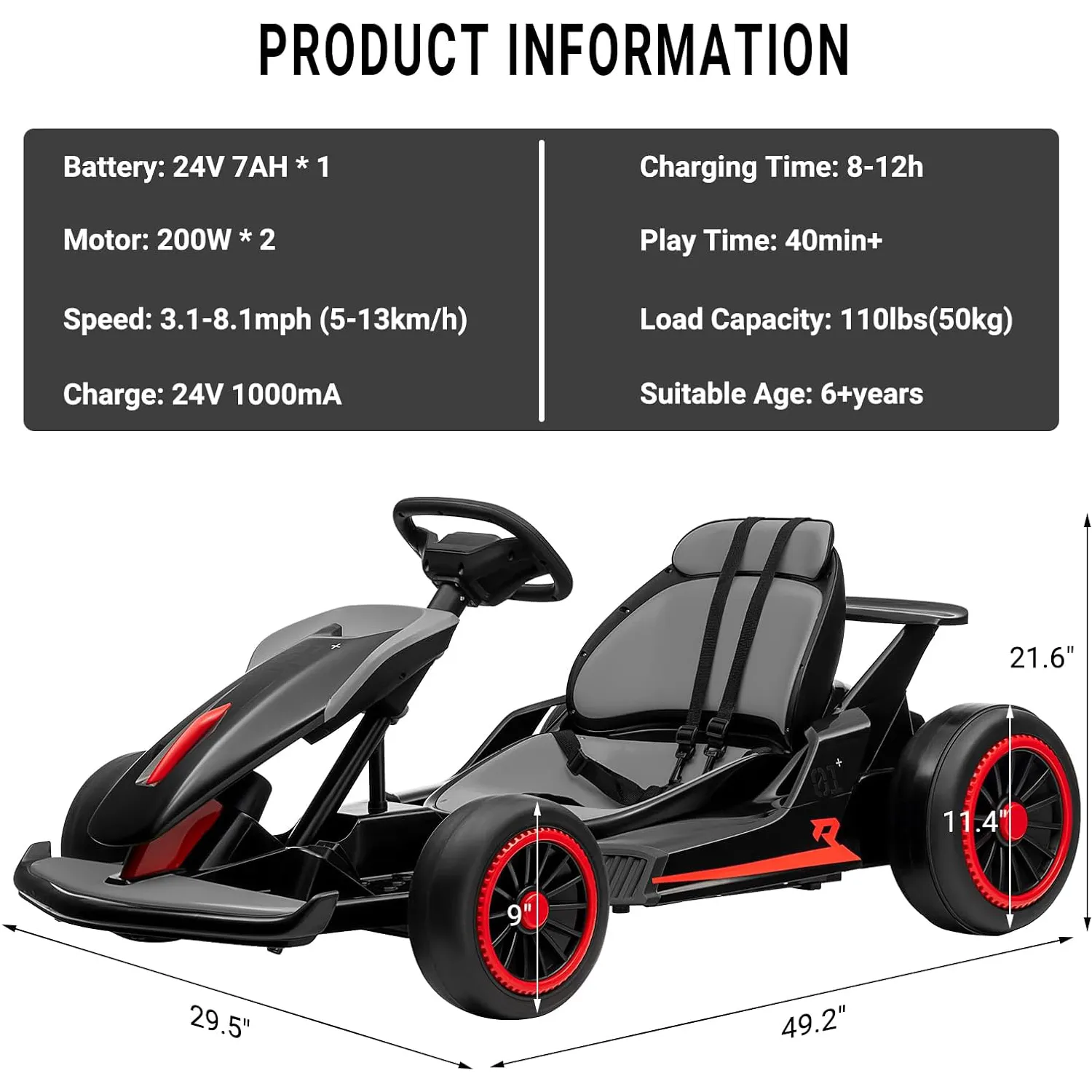 24V Go Kart for Kids 6+ Ride On Drift Kart with 200W*2 Extra Powerful Motors 8.1MPH High Speed Drifting with Music Horn