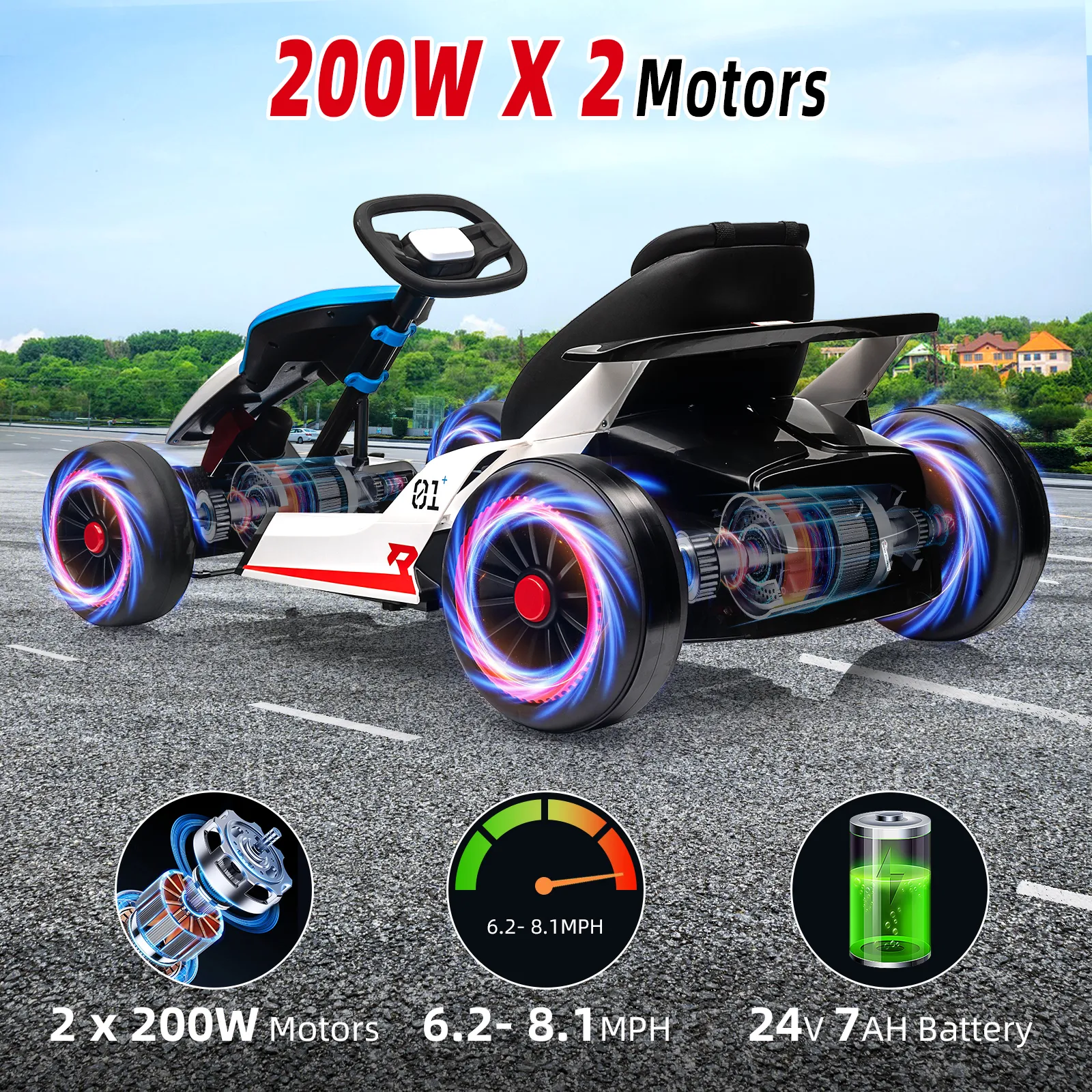 24V Go Kart for Kids 6+ Ride On Drift Kart with 200W*2 Extra Powerful Motors 8.1MPH High Speed Drifting with Music Horn