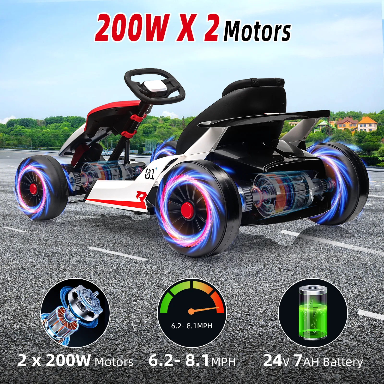 24V Go Kart for Kids 6+ Ride On Drift Kart with 200W*2 Extra Powerful Motors 8.1MPH High Speed Drifting with Music Horn