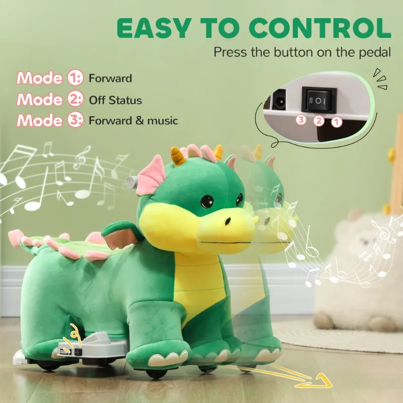 6V Kids Ride on Horse,Triceratops Shaped Electric Animal Car with Music Forward,PU Wheels,for Girls Boys Aged 18-36 Months,Green