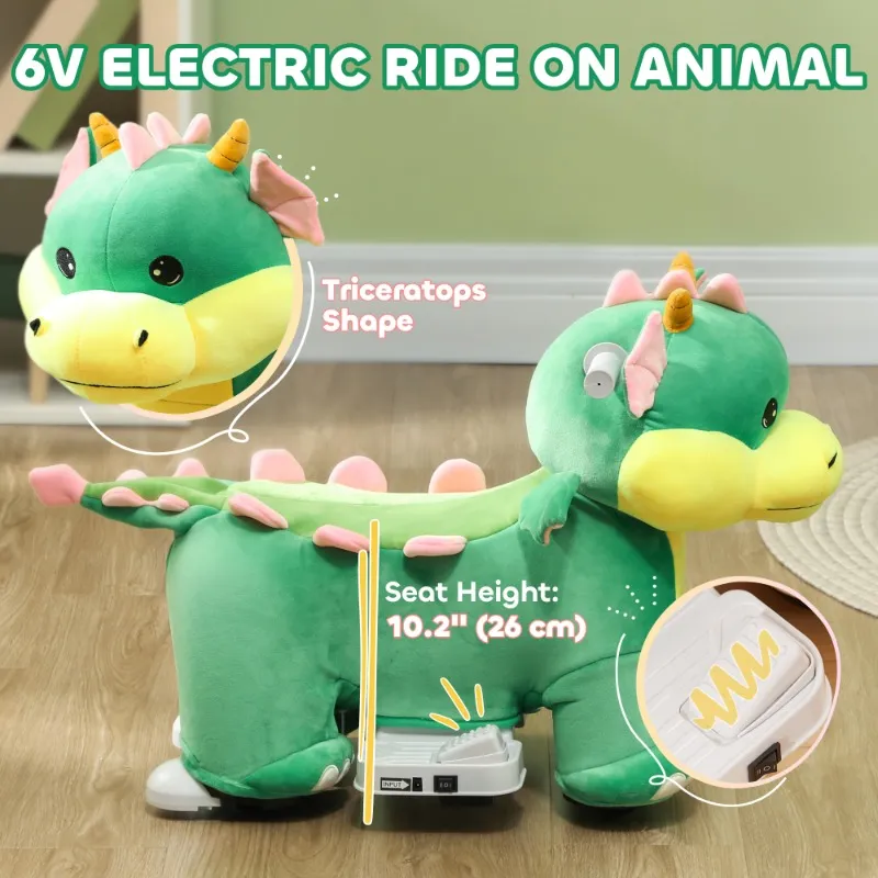 6V Kids Ride on Horse,Triceratops Shaped Electric Animal Car with Music Forward,PU Wheels,for Girls Boys Aged 18-36 Months,Green